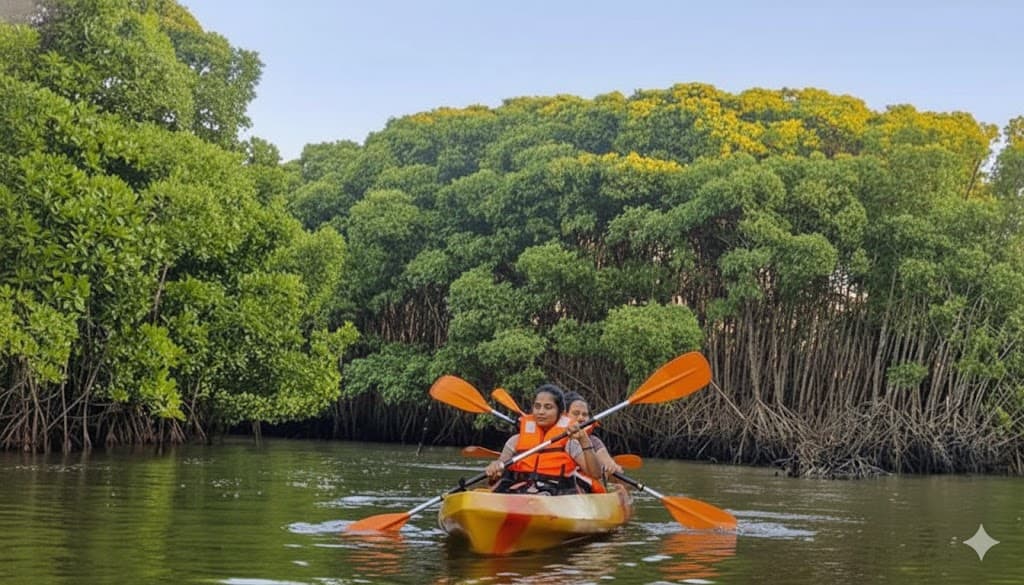 Kayakers paddling through Kerala mangrove canals at golden hour, MangroveSpot, Nedungolam, Kollam